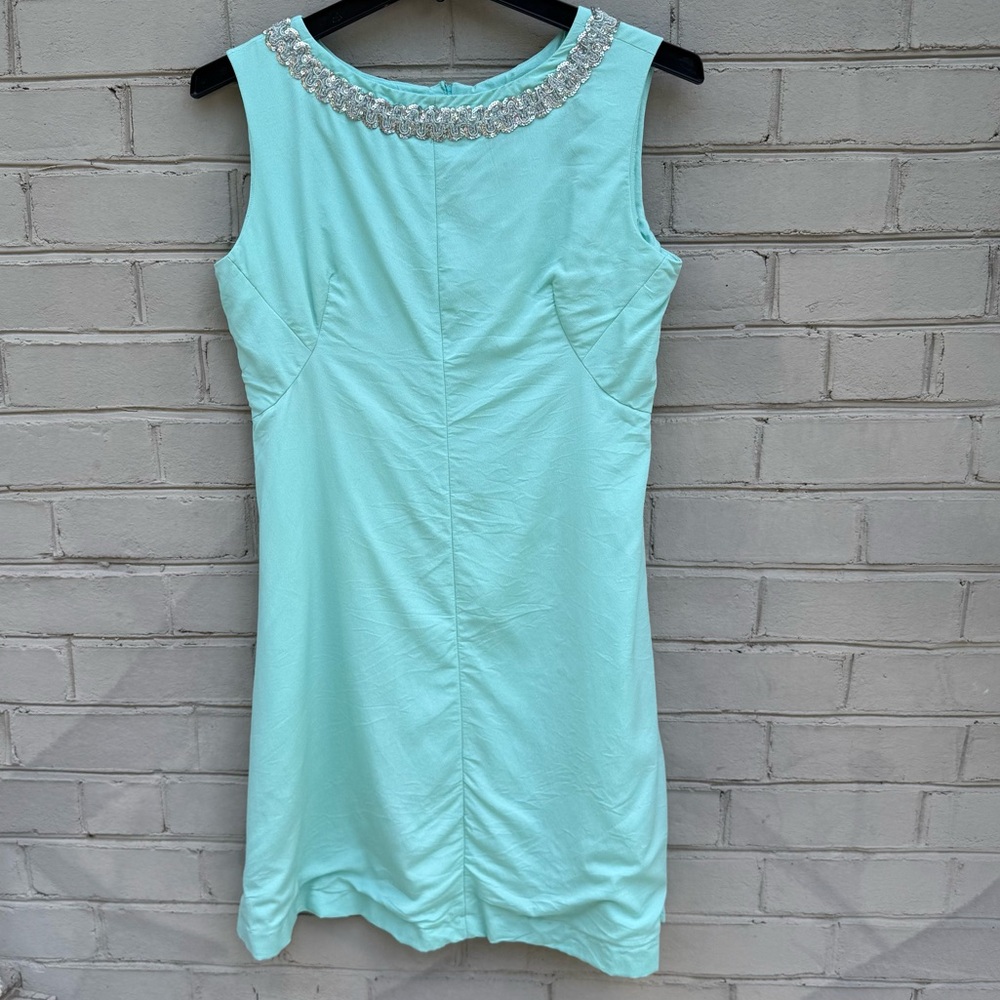 Vintage Retro 60’s Elegant Mint Green Sleeveless Dress with Silver Beading
